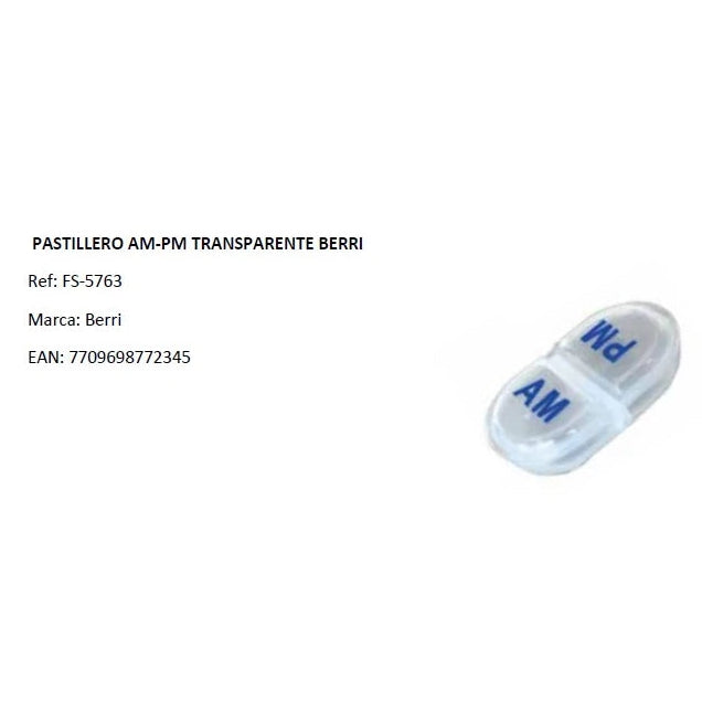 Pastillero AM/PM transparente de la marca Berri, modelo FS-5763, con compartimentos diferenciados para la organización de medicamentos.