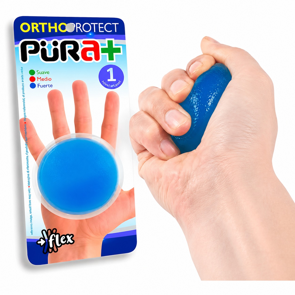 Pelota de fisioterapia azul texturizada para ejercicios de rehabilitación y fortalecimiento de la mano