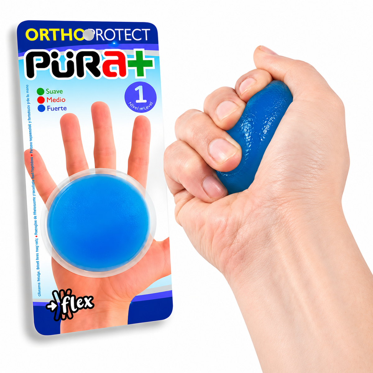 Pelota de fisioterapia Pura Avimex color azul y resistencia fuerte, diseñada para apoyar ejercicios de movilidad, rehabilitación y fortalecimiento de manos y dedos.