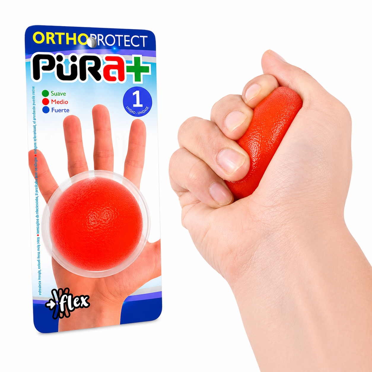 Pelota de fisioterapia roja utilizada en ejercicio de mano para rehabilitación y fortalecimiento muscular con agarre antideslizante