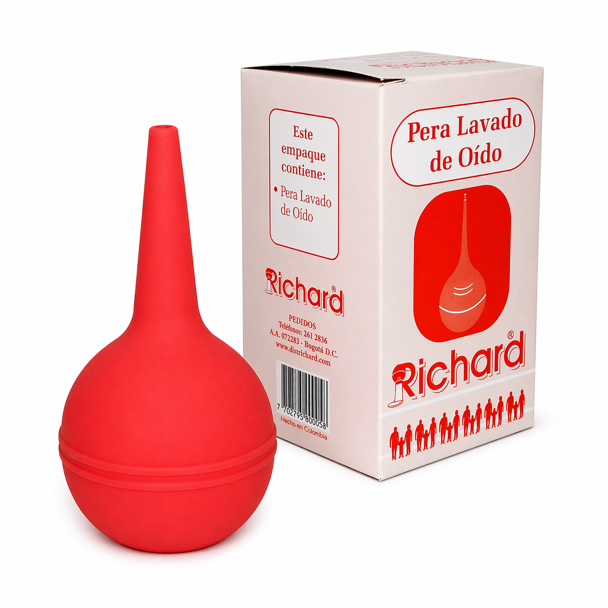 Perilla de succión Richard para lavar oídos en goma color rojo con empaque para higiene y limpieza auditiva