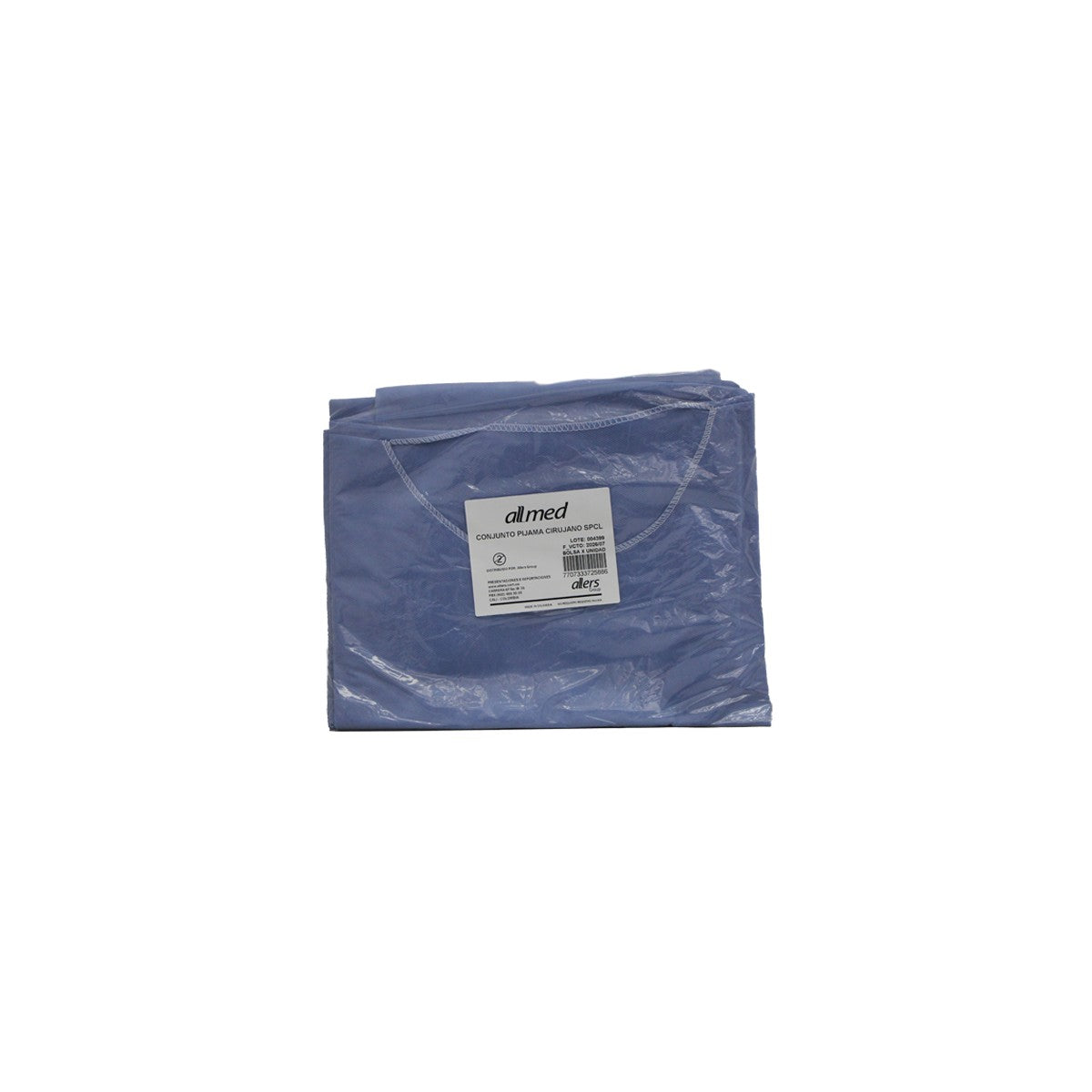 Pijama desechable de polipropileno, color blanco, con pantalón de 1.13 m de largo y blusa de 74 cm de largo, fabricada por ALLMED.