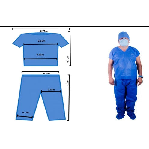 Conjunto de pijama cirujano azul de 25-30 gramos, fabricado en material ligero y transpirable, ideal para uso clínico.