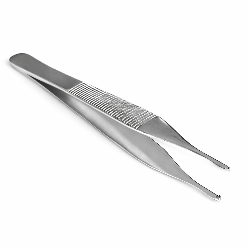 Pinza Adson con garra de 12 cm, fabricada en acero inoxidable, con acabado pulido y diseño ergonómico para uso clínico.