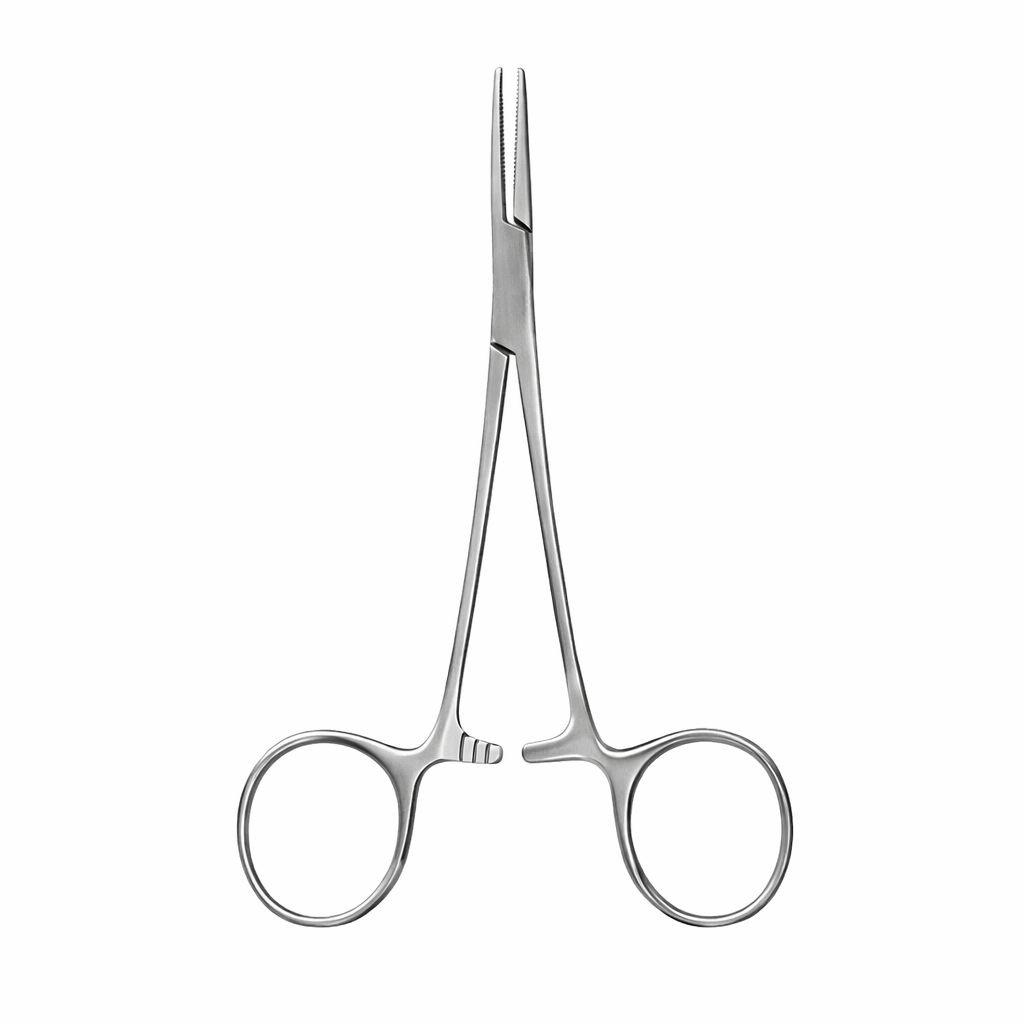 Pinza Mosquito Curva de 12.5 cm, marca no especificada, acero inoxidable, acabado pulido, ideal para uso clínico.