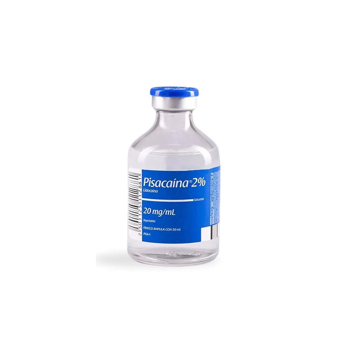 Pisacaína 2% solución inyectable de lidocaína clorhidrato, 20 mg/mL, en ampolla de 50 mL, utilizada como anestésico local.