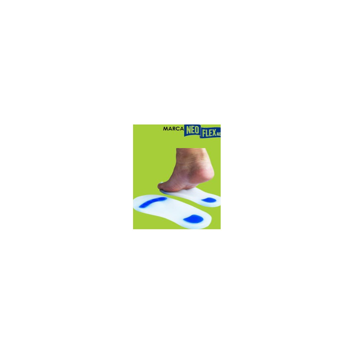 Plantilla de silicona médica, hipoalergénica, para soporte podológico. Disponible en tallas 34-41, presentada en bolsa de vinilo.