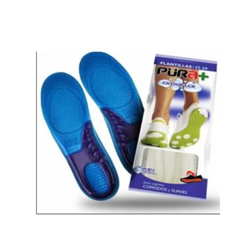 Plantilla de silicona PURA+ en talla 35-39, color azul y gris, diseñada para mayor comodidad y soporte en calzado.
