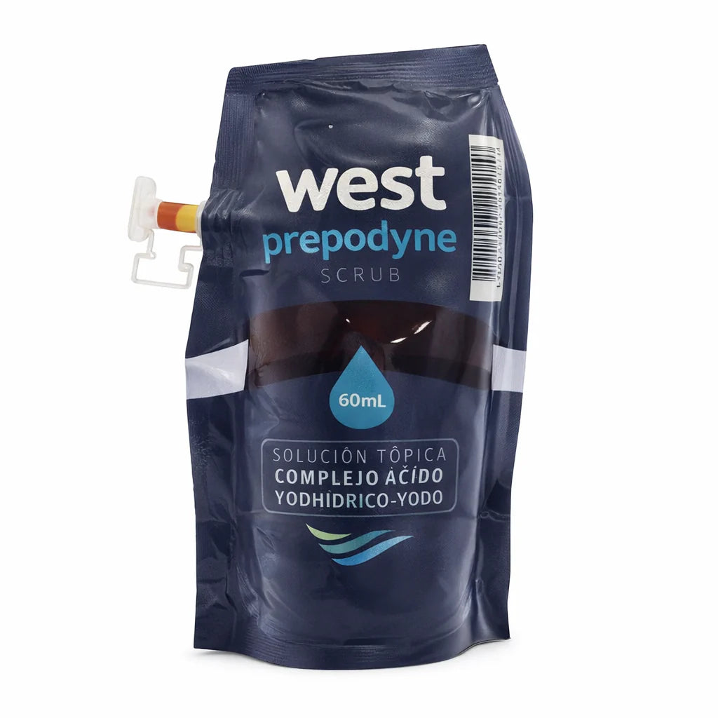 Antiséptico iodopovidona Prepodyne Scrub 120 ML en envase de plástico, color amarillo, con tapa a rosca y etiqueta informativa.