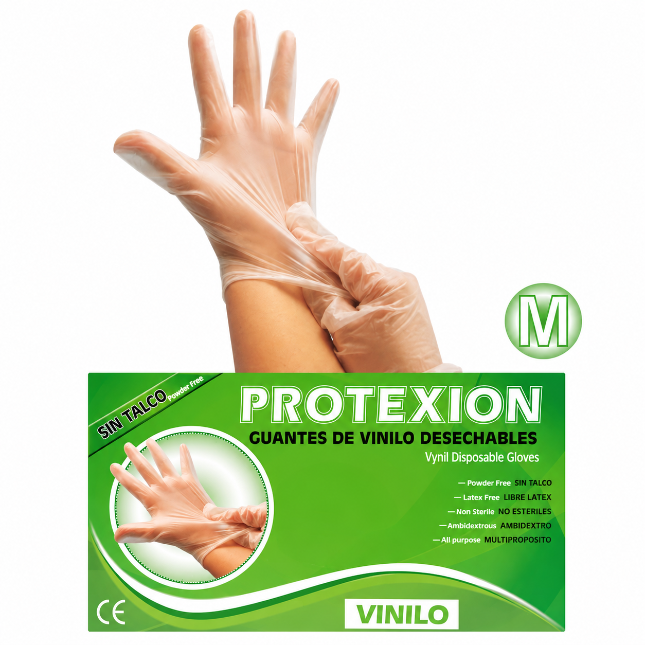 Caja de guantes de vinilo Protex junto a manos usando guantes desechables en ambiente hospitalario profesional