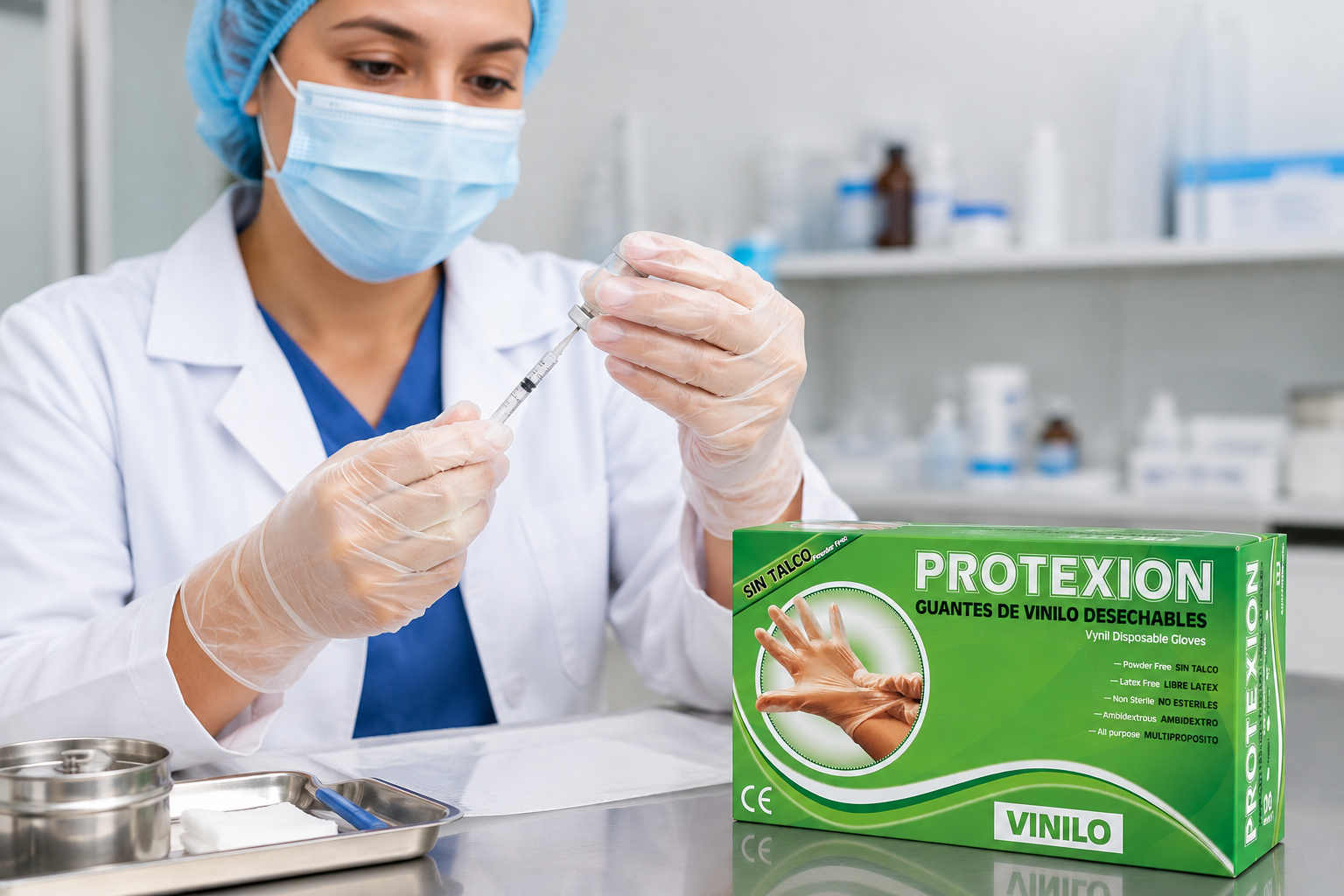 Profesional de la salud usando guantes de vinilo transparentes durante procedimiento clínico en entorno hospitalario