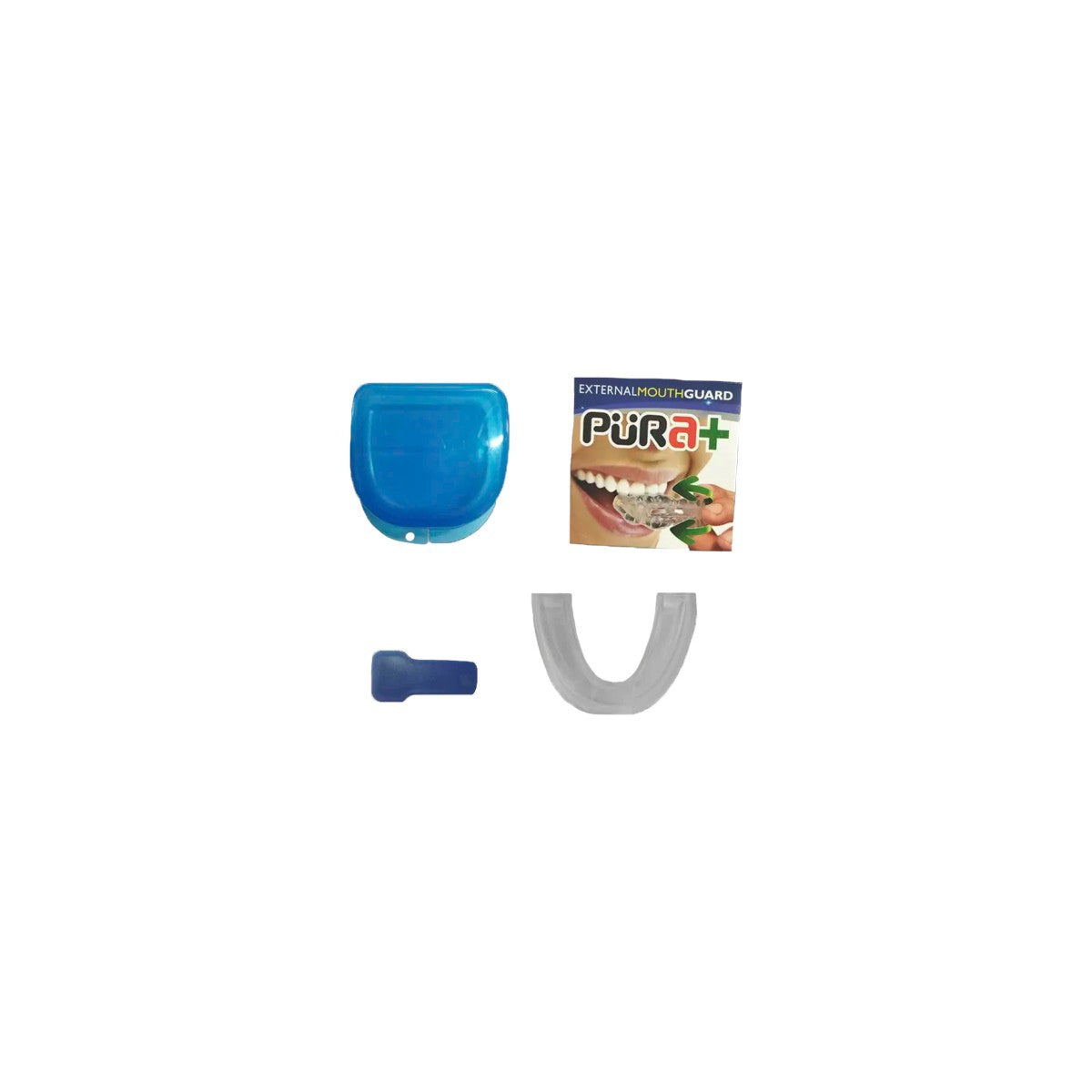 Dispositivo antirronquido bucal PURA+, ergonómico, de elastómero termoplástico, en color blanco, presentado en estuche de almacenamiento.