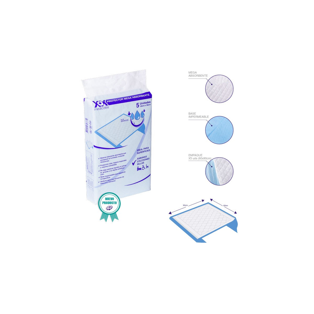 Protector impermeable Mega Absorbente X5, referencia 400190608, de color blanco, con textura suave y diseño anatómico.