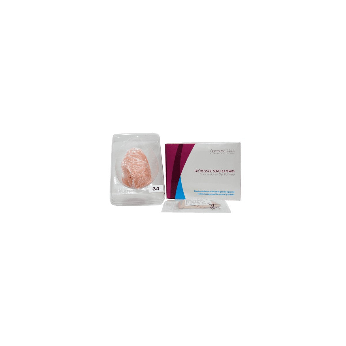 Prótesis de seno externa Kamex, modelo anatómico en gel polímero, color piel, forma de gota, tallas disponibles 440032 a 440042.