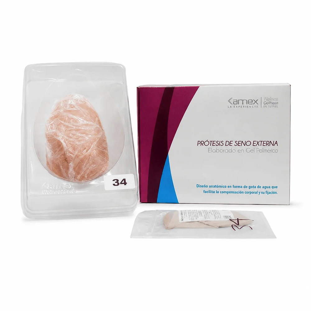 Prótesis para seno en gel de polímero talla 34, referencia 440034, diseñada para brindar una apariencia natural, comodidad y ajuste.