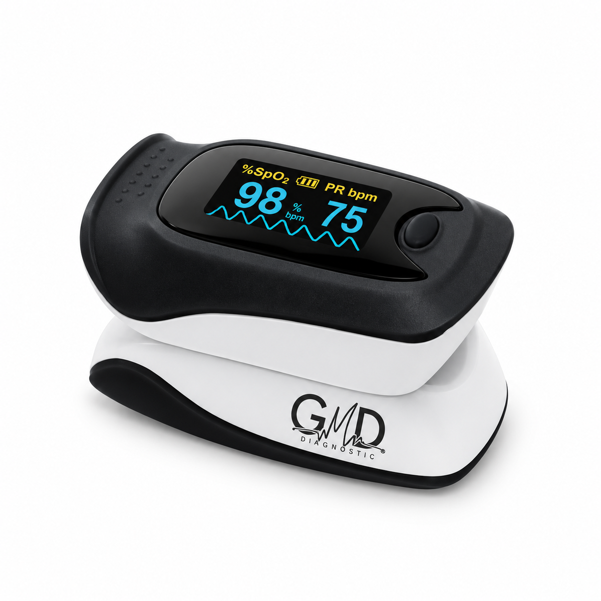 Pulsoxímetro GMD PX-500D con visualización de curva, diseñado para medir saturación de oxígeno y frecuencia de pulso.