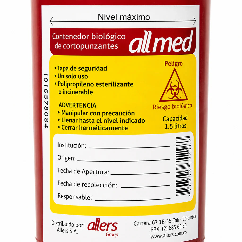 Contenedor desechable Allmed 1.5 litros para residuos cortopunzantes con sistema de almacenamiento seguro para uso médico.