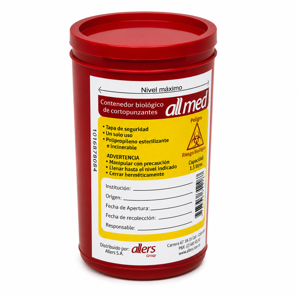 Recolector Allmed 1.5 LT contenedor médico desechable para residuos cortopunzantes y manejo seguro de desechos biológicos.