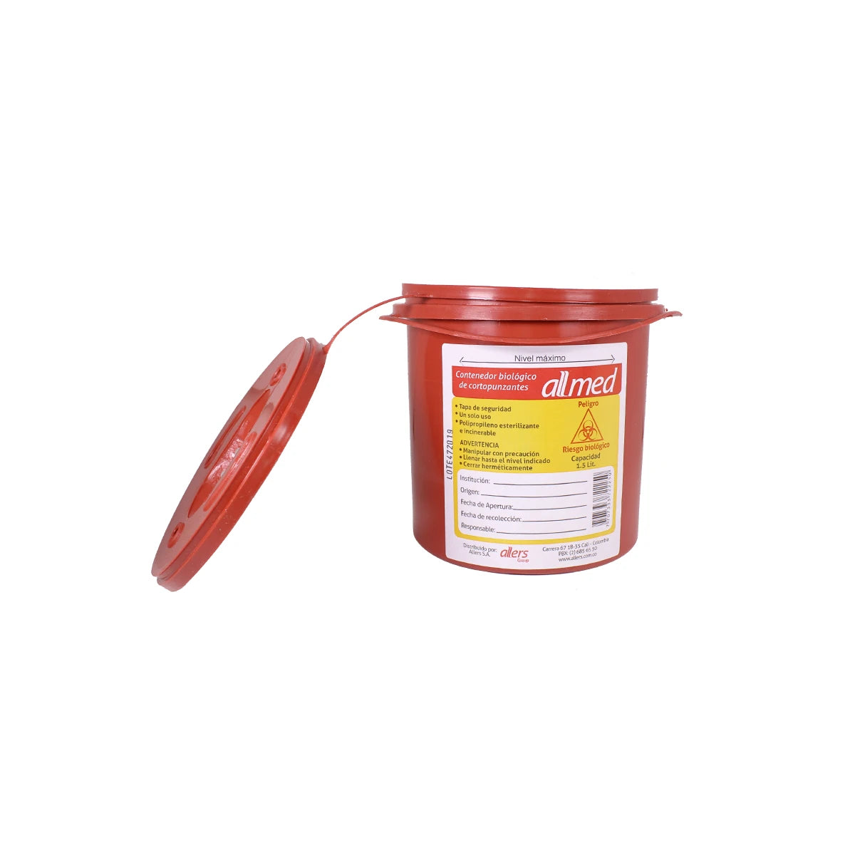 Recolector Allmed 1.5 LT, contenedor médico desechable, de plástico transparente, con tapa de seguridad y diseño ergonómico.