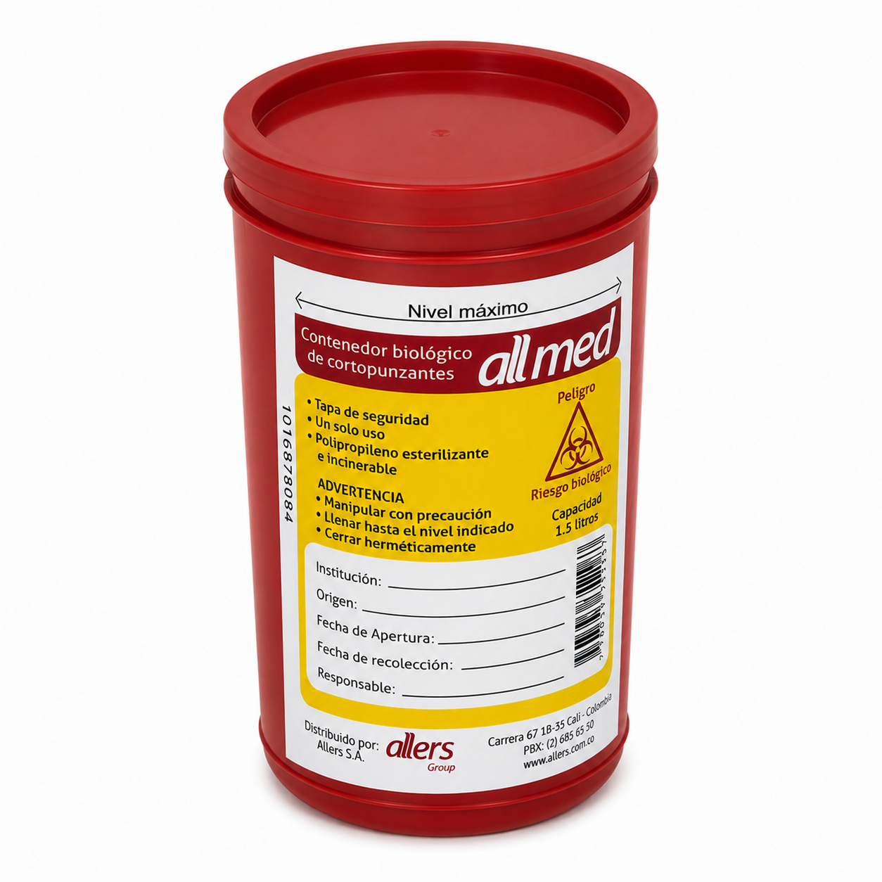 Recolector biológico Allmed 1.5 LT diseñado para la disposición segura de residuos médicos y materiales cortopunzantes.
