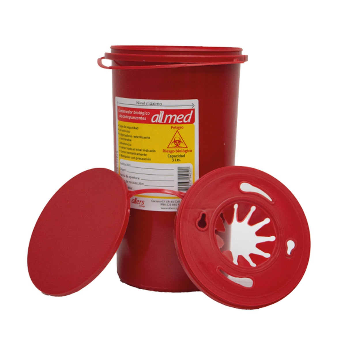 Recolector de desechos cortopunzantes de 3 litros, fabricado en polipropileno rojo, con tapa ajustable y puerto para agujas.