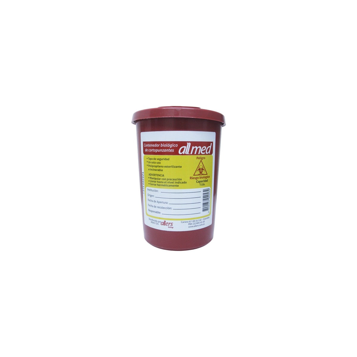 Recolector de desechos cortopunzantes de 1.0 litros, marca PLASTIONCE SAS, fabricado en polipropileno rojo, con tapa ajustable y puerto para agujas.
