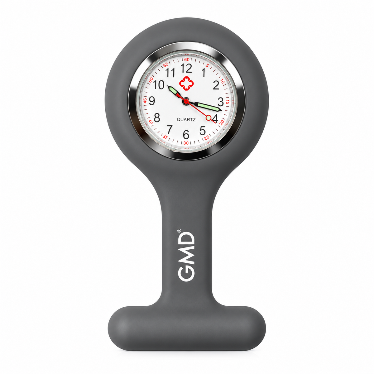 Reloj de enfermería GMD color gris, diseñado como accesorio práctico para apoyar el control del tiempo durante jornadas clínicas.
