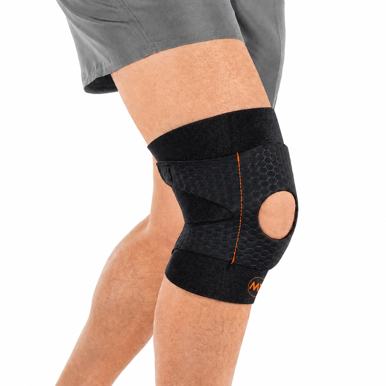 Rodillera abierta Medivaric con refuerzo rotuliano e hilado de cobre, diseñada para brindar soporte, compresión y estabilidad a la rodilla.