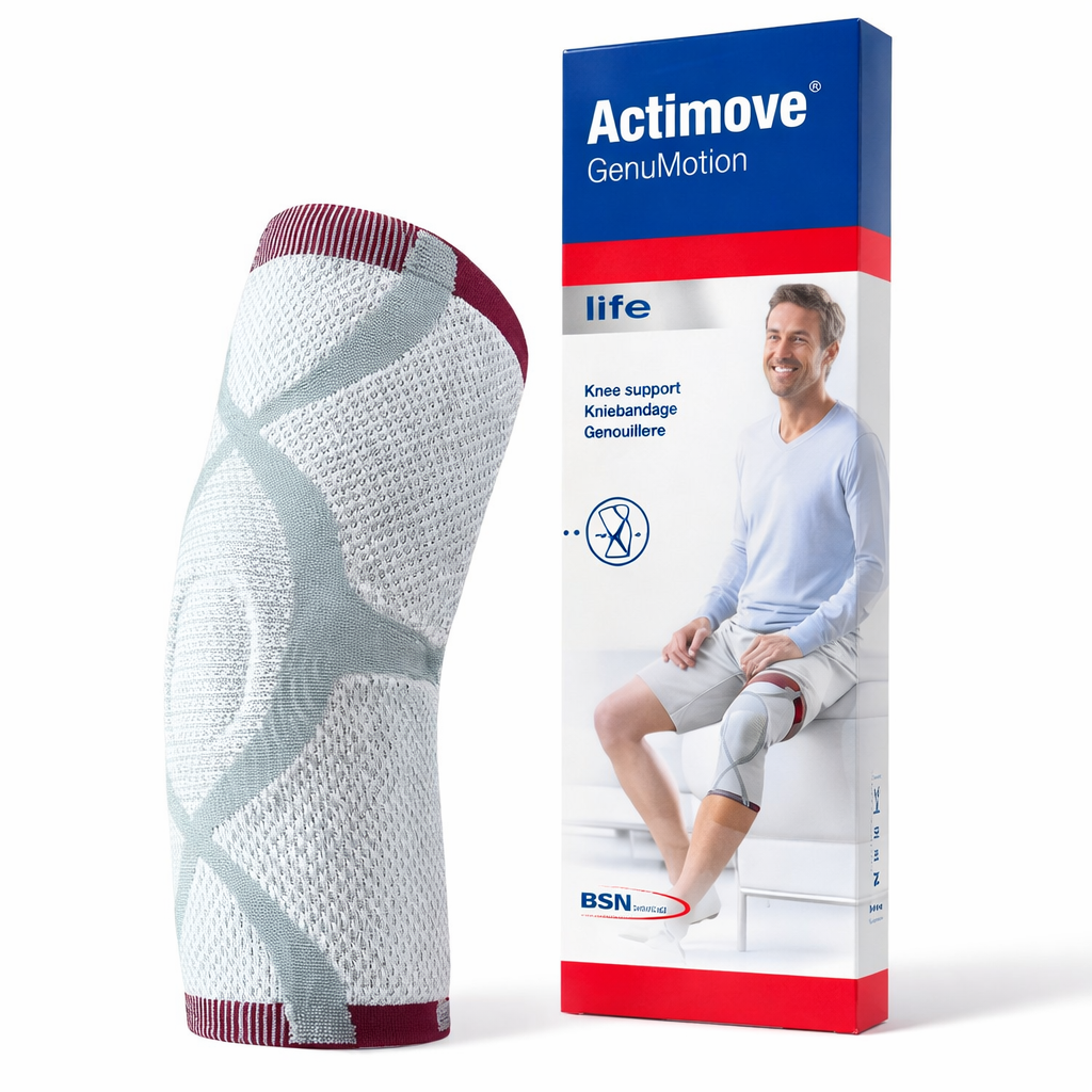 Rodillera Actimove Genumotion, soporte ortopédico en talla S, con diseño anatómico y ajuste personalizado.