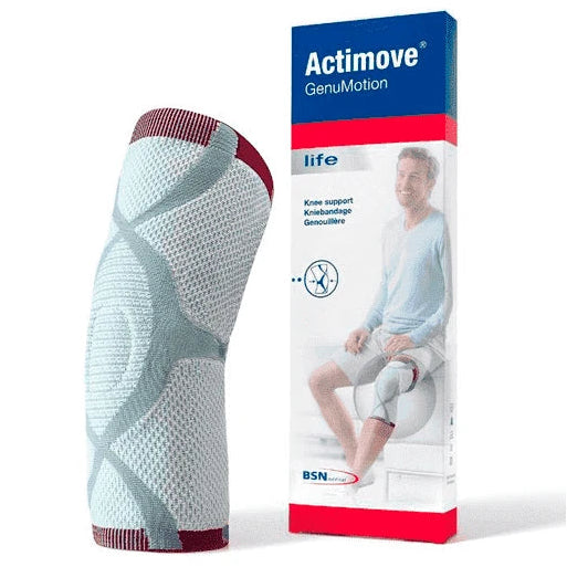 Rodillera Actimove Genumotion soporte en talla M, color negro, diseñada para brindar estabilidad y soporte a la rodilla.