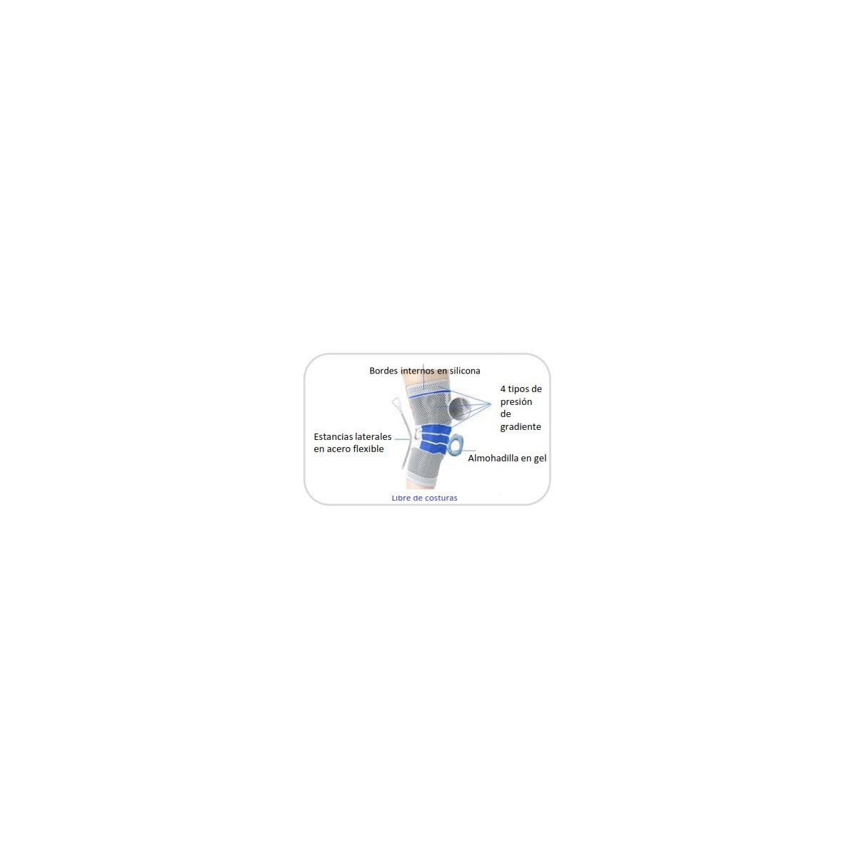 Soporte para rodilla KN-005 de marca desconocida, tejido elástico transpirable, almohadilla viscoelástica, estancias laterales de acero flexible, borde de silicona antideslizante.