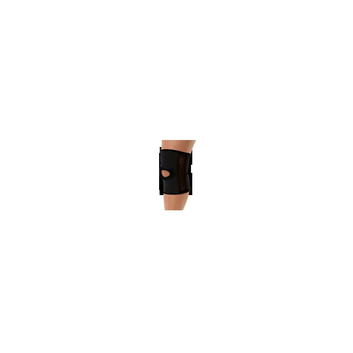 Rodillera rótula abierta de la marca ODS, modelo 18633NM, fabricada en neopreno negro con orificio patelar, diseñada para soporte y compresión.