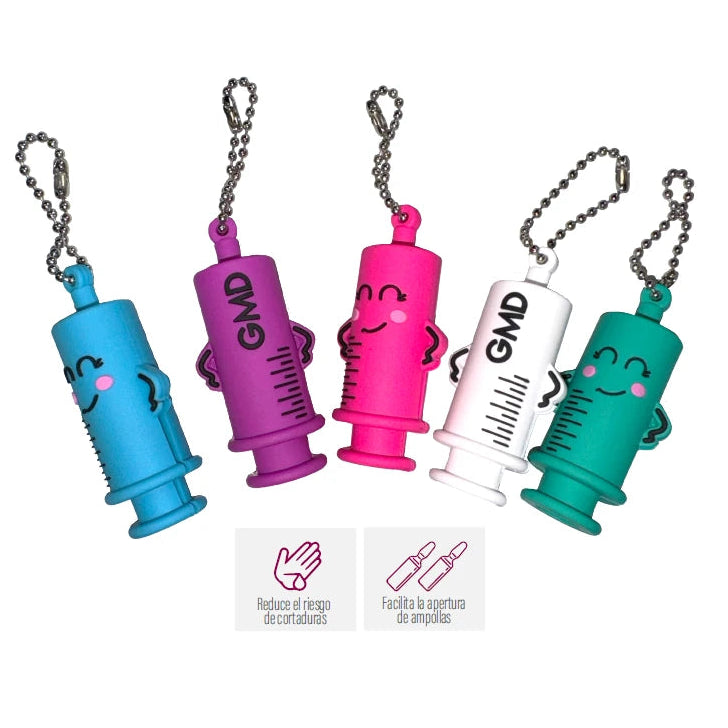 Rompe ampollas de silicona en color rosa, modelo GMD-RAM-01, diseñado para facilitar la apertura de ampollas en entornos clínicos.