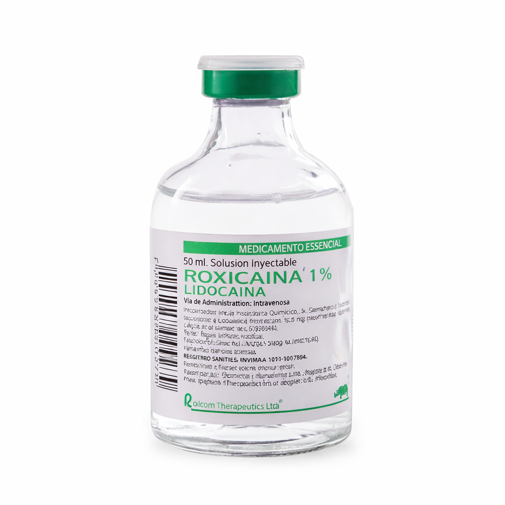 Roxicaína 1% Simple, vial de 20 mL, anestésico local de Lidocaína Clorhidrato, solución inyectable, fondo blanco.