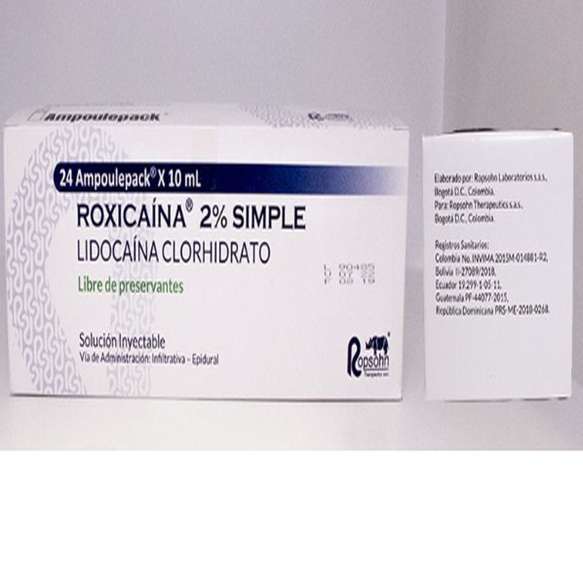 Roxicaina 2% Simple, anestésico local en ampollas de 10 ml, con líquido transparente y sin preservativos, presentado en caja de 24 unidades.
