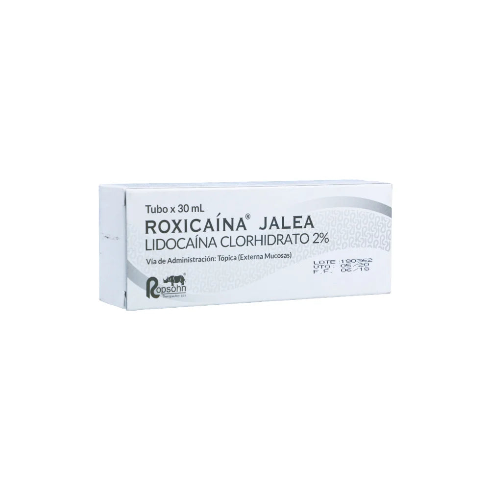 Roxicaína Jalea 30 ML de Ropsohn, jalea transparente en tubo, diseñada para alivio rápido del dolor en aplicaciones tópicas.