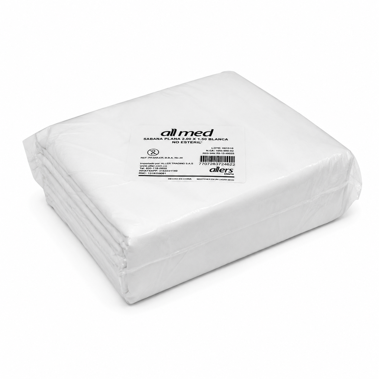 Sábana plana Allmed 2.00 x 1.50 blanca no estéril presentación paquete x10 individuales.