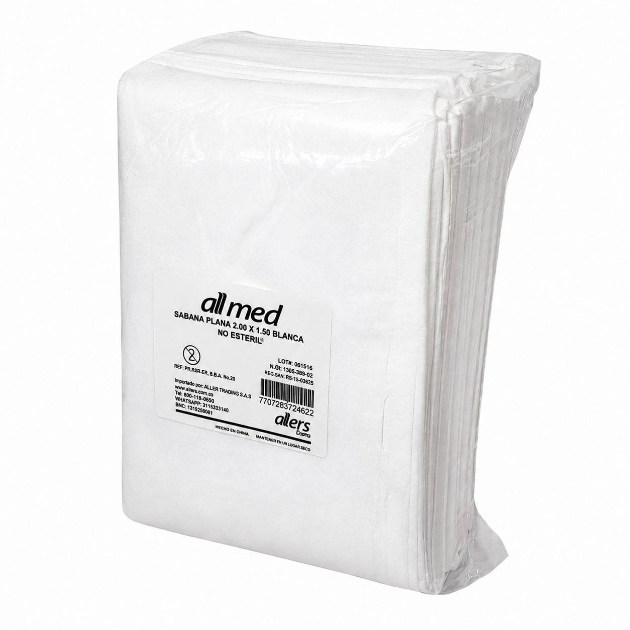 Sábana plana blanca Allmed 2.00 x 1.50 de 24 gramos no estéril en paquete por 10 unidades.