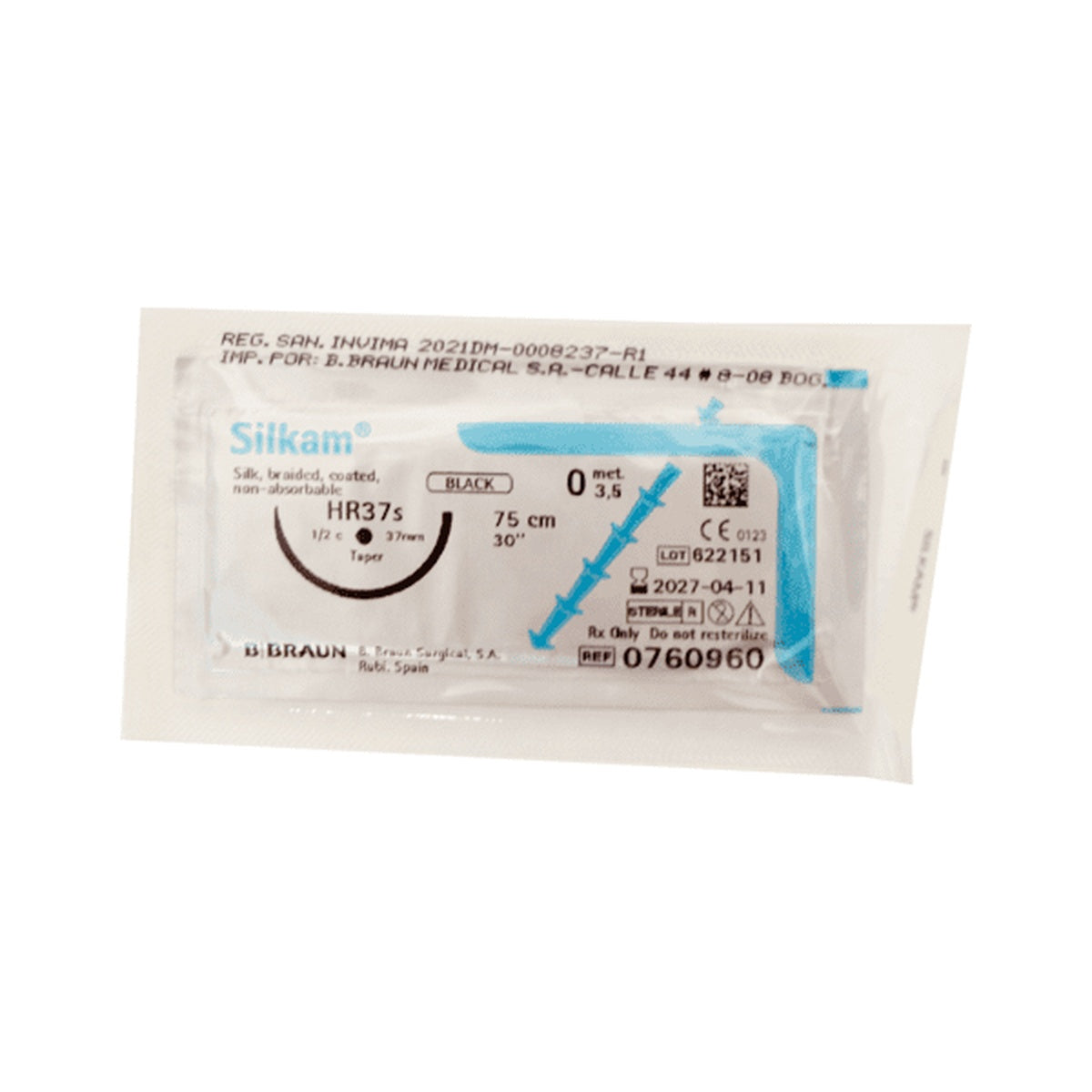 Sutura quirúrgica SILKAM® de B. Braun, trenzada de seda negra, 75 cm, con aguja de acero inoxidable, para aproximación de tejidos.