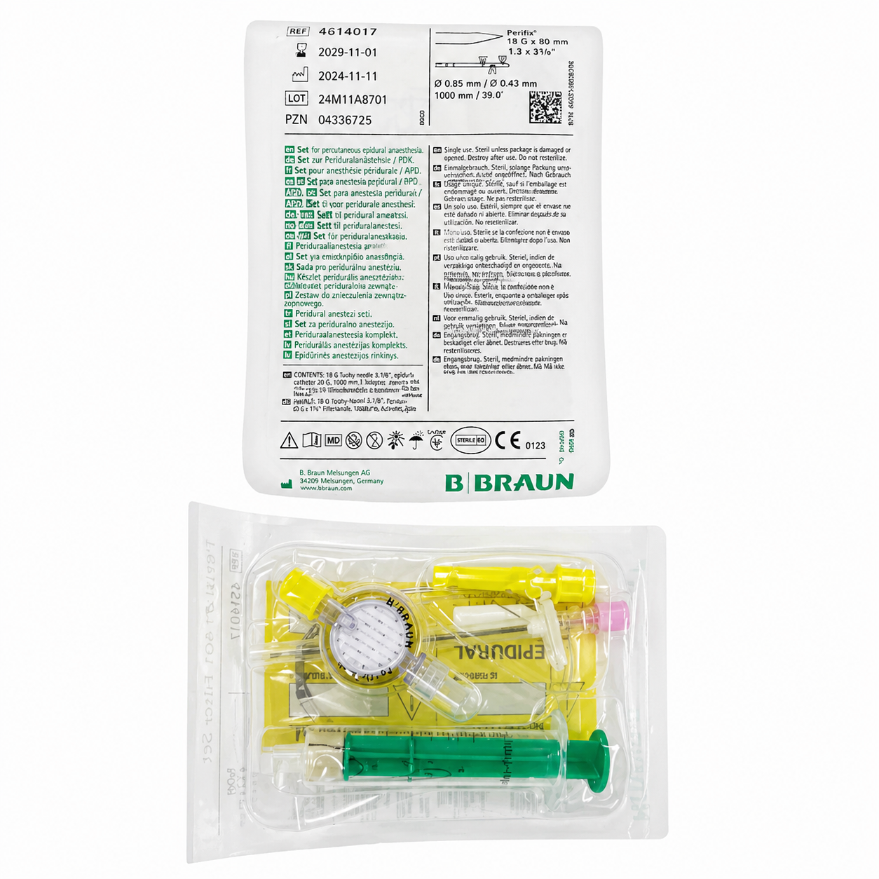 Set Perifix B Braun aguja 18G con jeringa Lord y catéter sin filtro para anestesia epidural uso médico estéril