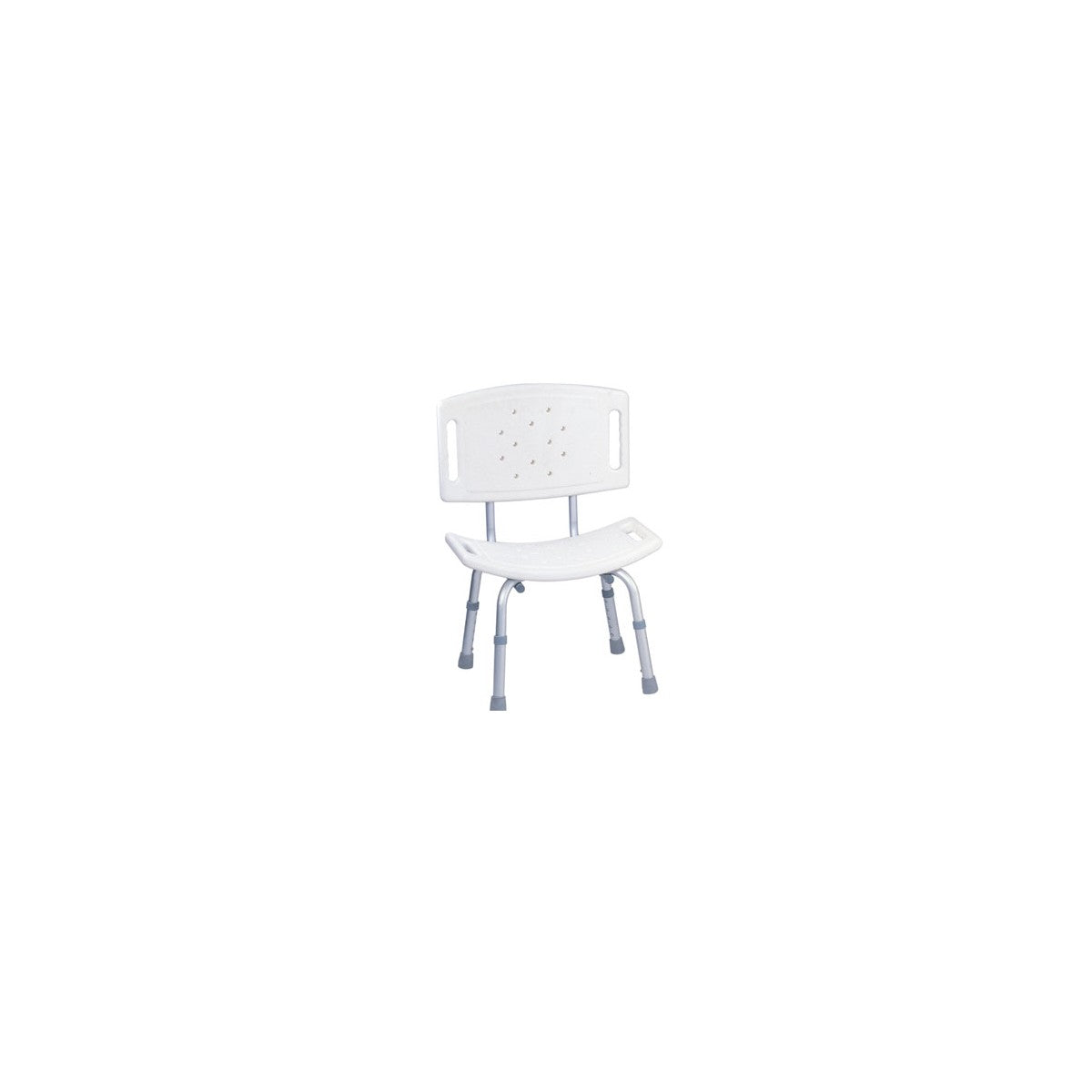 Silla de ducha en aluminio con espaldar, ligera y ajustable, diseñada para usuarios con movilidad reducida, color blanco.