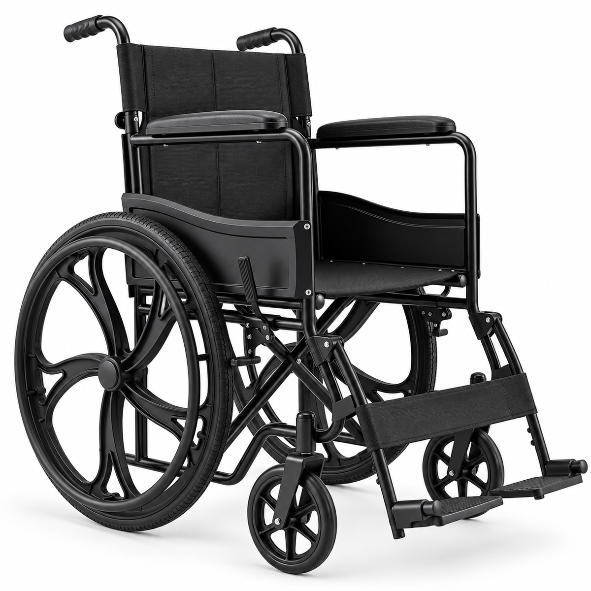 Silla de ruedas estándar KP KBE-9000D con rin estrella, diseñada para brindar movilidad, estabilidad y comodidad durante los desplazamientos.