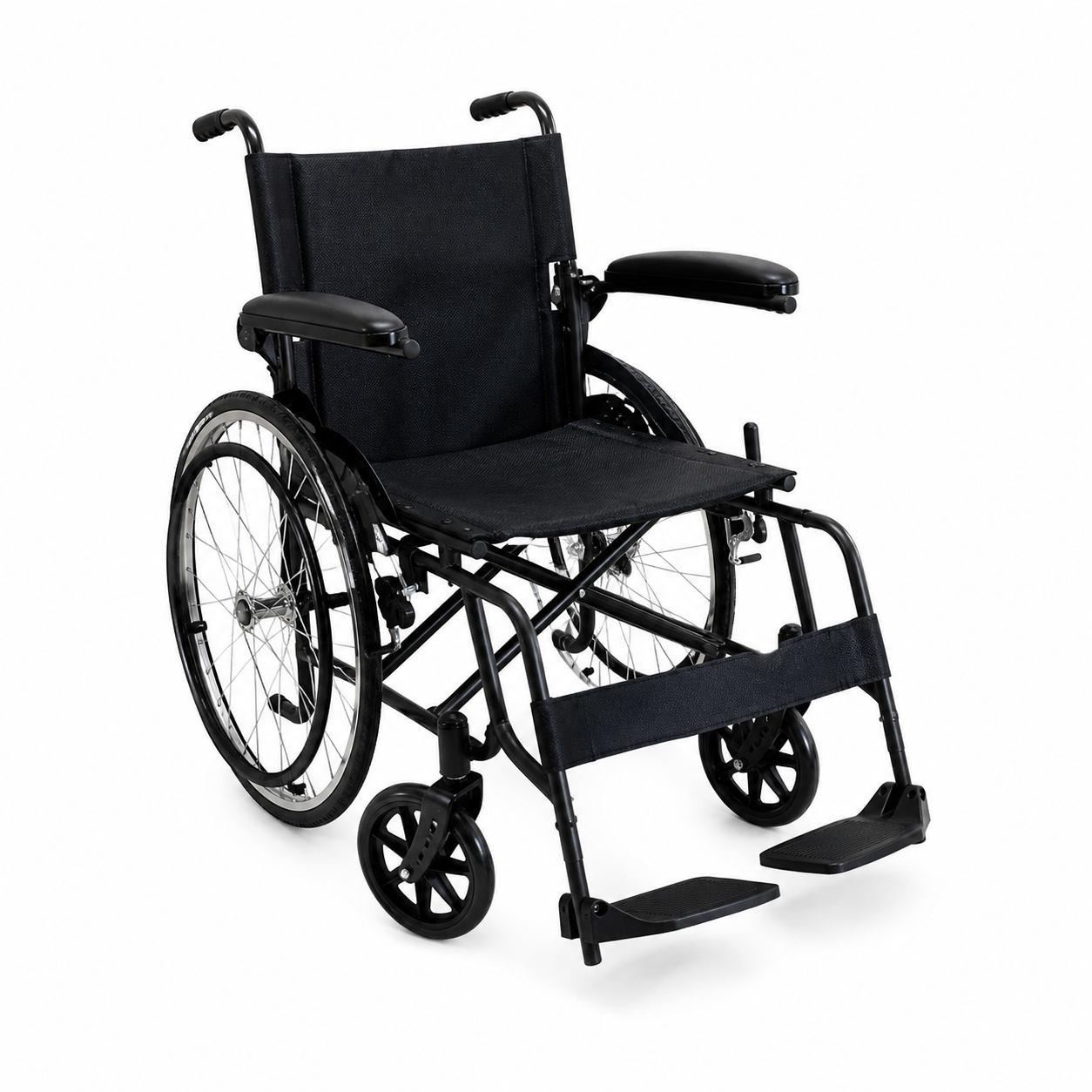 Silla de ruedas manual negra para adulto con estructura plegable y reposapiés