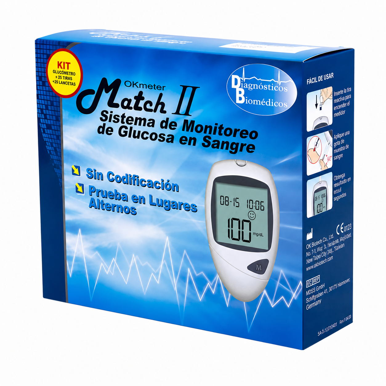 Sistema de monitoreo de glucosa OKmeter Match II con 50 tiras y 50 lancetas para uso doméstico y clínico
