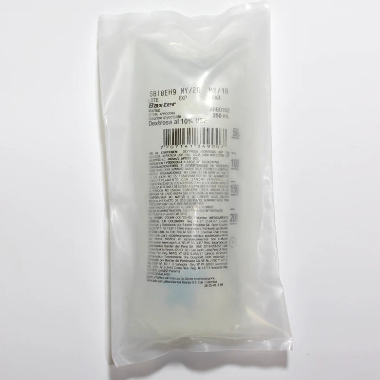 Dextrosa 10% USP solución en frasco de 250 ml, líquido transparente, utilizado para la administración intravenosa.