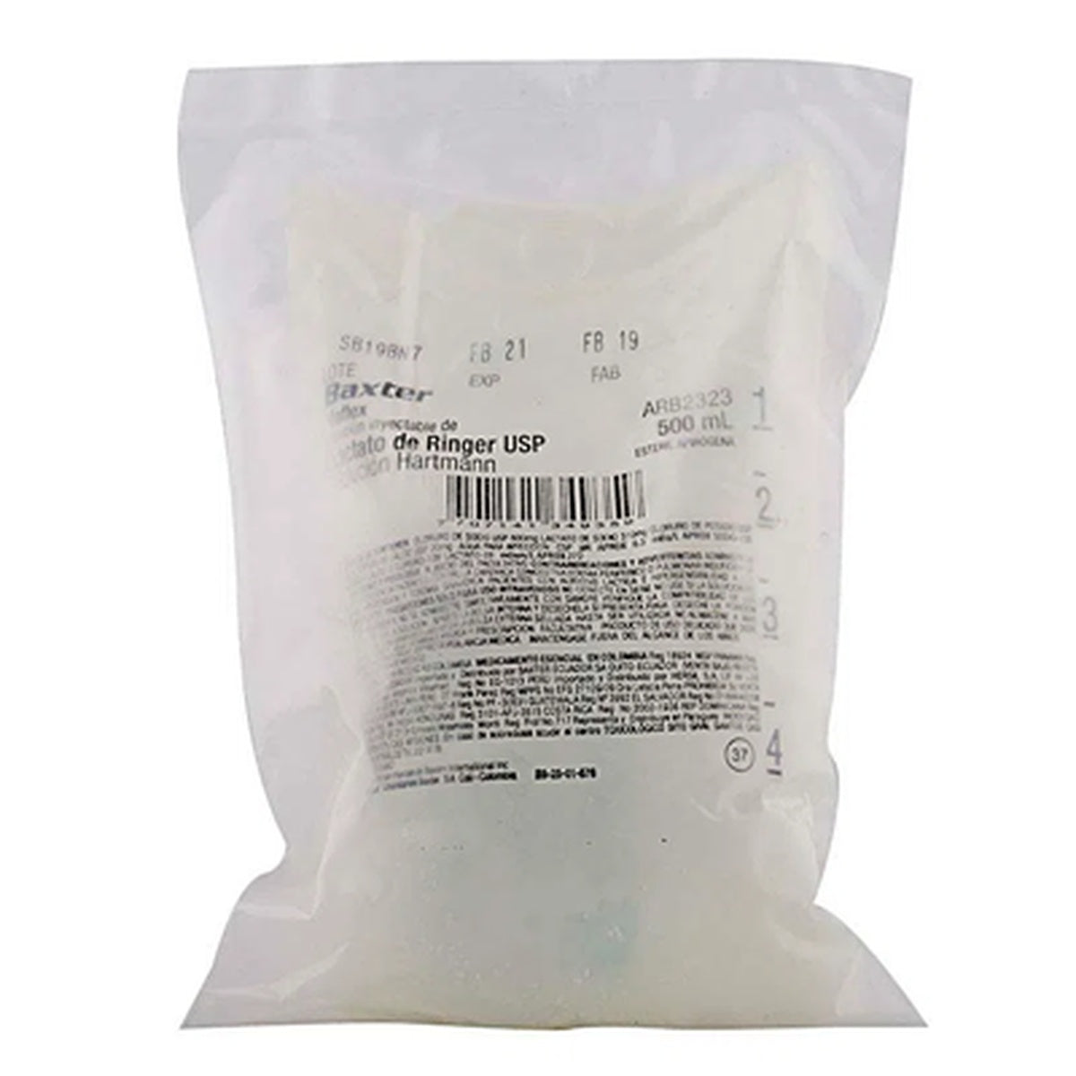 Solución inyectable Lactato de Ringer de 500 ml, en bolsa de PVC, utilizada para restablecer el equilibrio electrolítico y volumen.