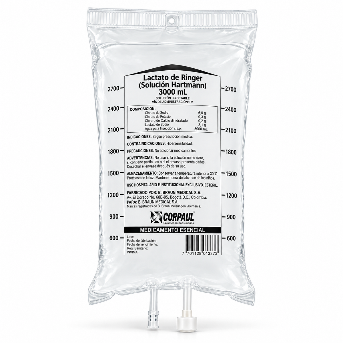 Solución Hartmann Lactato de Ringer de 3000 ml para irrigación, producto de uso médico y hospitalario.