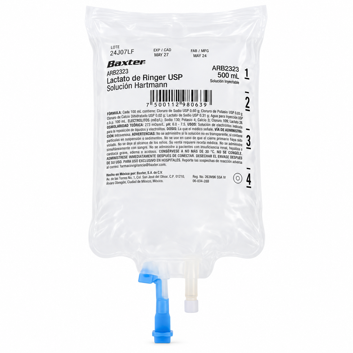 Solución Hartmann Lactato de Ringer de 500 ml, referencia ARB2323, para uso médico y hospitalario.