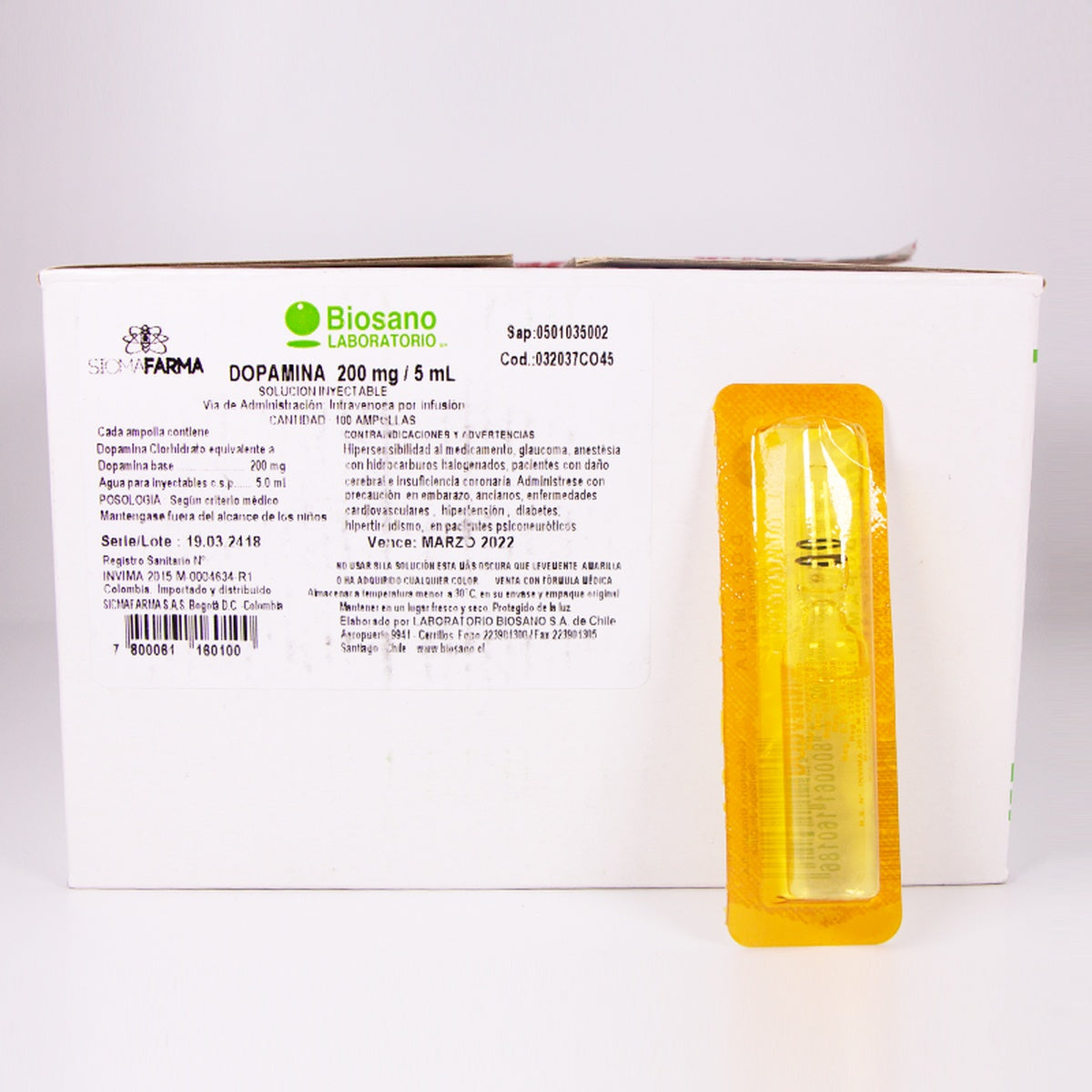 Dopamina 200 mg/5 mL solución inyectable en ampolla de vidrio borosilicato, presentada en caja con 100 unidades, fondo blanco.