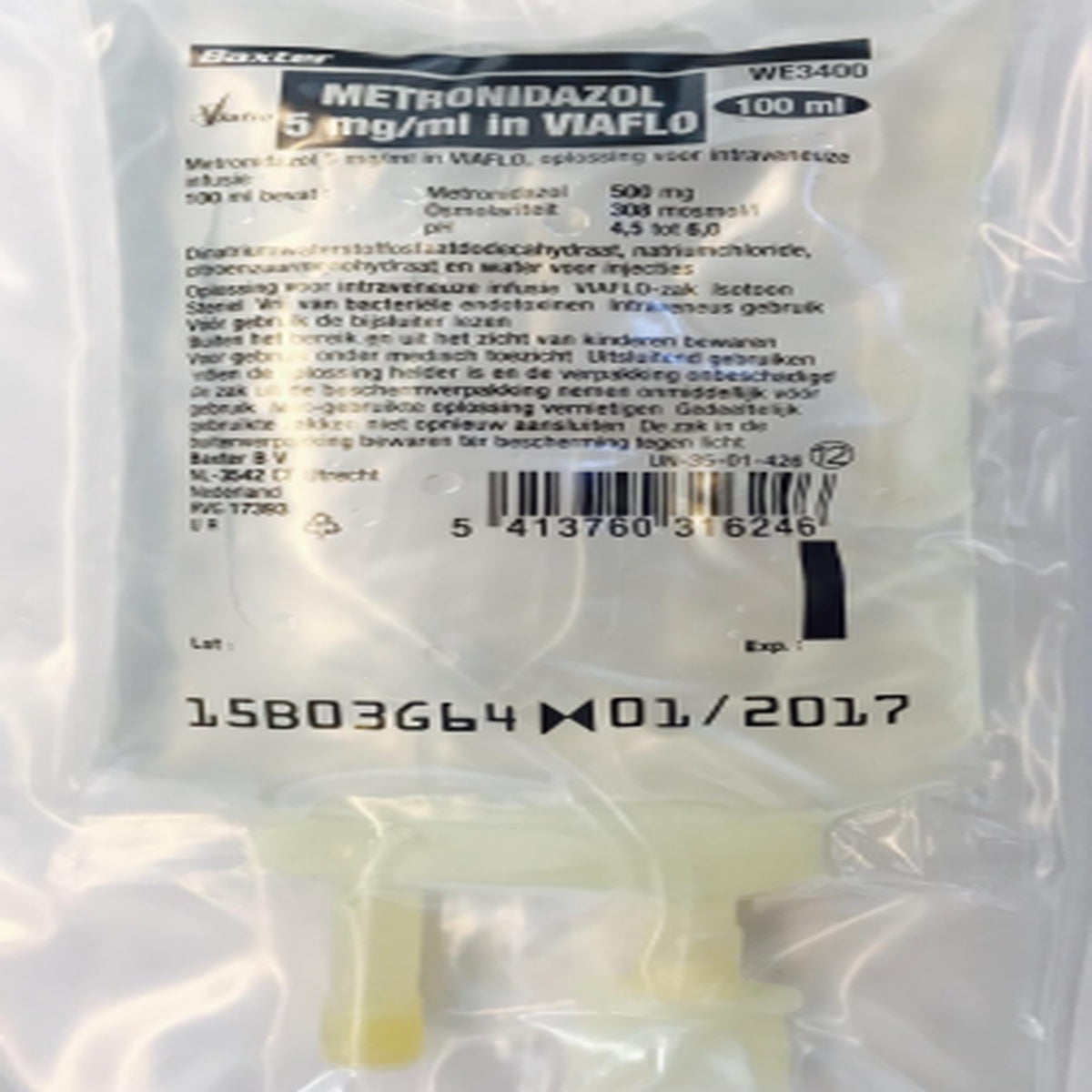 Solución inyectable de Metronidazol 500 mg en bolsa plástica de PVC de 100 ml, fabricada por Baxter, para tratamiento de infecciones.